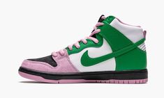 The Nike SB Dunk High “Invert Celtics” is a Fall 2020 release with an attention grabbing two-in-one design that salutes the model’s performance basketball and skateboarding heritage. Widely viewed as one of the most eccentric SB Dunk colorways of 2020, the “Invert Celtics” displays a variety of colors and materials to tell its story. The medial side of both the left and right shoe feature a Boston Celtics inspired green and white color scheme on the eyelets, collar, and heel, and mid-panel, resp Nike X Travis Scott, Nike Sb Dunk High, Sb Dunk High, Low Air Jordan 1, Baskets Nike, Dunks Nike, Lucky Green, Jordan 2, Nike Sb Dunk