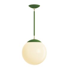 a white and green light hanging from a ceiling