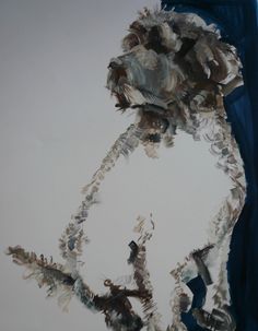 an abstract painting of a man's face and neck with torn paper on it