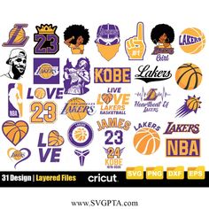 various lakers logos and numbers on a white background