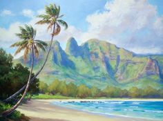 an oil painting of a tropical beach with palm trees and mountains in the back ground