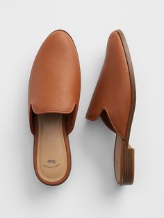 Gap loafers Sleek Mules With Leather Sole And Round Toe, Sleek Mules With Round Toe And Leather Sole, Faux Leather Slip-on Mules With Leather Footbed, Leather Mules With Padded Heel, Leather Mules With Padded Flat Heel, Classic Slip-on Mules Medium Width, Synthetic Mules With Leather Footbed And Round Toe, Classic Brown Mules With Cushioned Footbed, Classic Closed Toe Mules With Cushioned Footbed