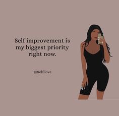 a woman in a black dress holding a cell phone to her ear with the caption self improvement is my biggest priority right now