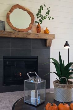 a living room with a fire place, mirror and potted plant on the coffee table