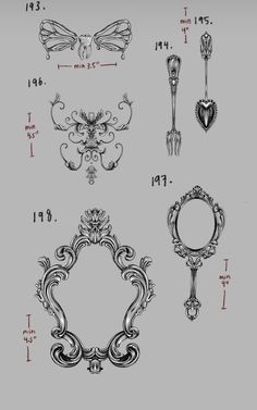 an image of different types of decorative items in the form of ornate frames and spoons