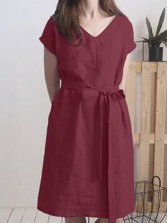 Solid Pocket V-neck Short Sleeve Dress with Belt Solid Color V-neck Midi Dress For Work, Casual Dresses With Surplice Neckline, Summer Solid Color V-neck Dress For Workwear, Casual V-neck Dress With Notched Neckline For Work, Solid V-neck Dress With Tie Waist, Solid Color V-neck Dress For Summer Workwear, Casual A-line V-neck Dress For Work, Casual A-line V-neck Dress, Casual V-neck Dress With Tie Waist And Short Sleeves