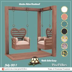 a wooden swing set with two chairs and a turtle