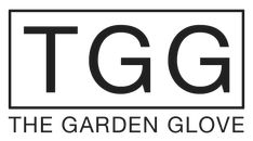 the garden glove logo in black and white with text that reads, tgg the garden glove