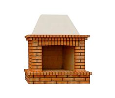 a brick oven with a white top on a white background in the shape of a house