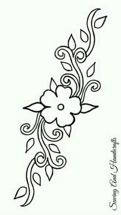 a flower with leaves and swirls on it's side, drawn in black ink