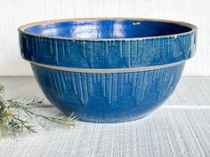 a large blue bowl sitting on top of a white table next to a small plant