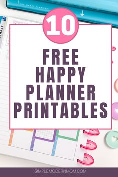 a white sign with the words free happy planner printables on it, surrounded by school supplies