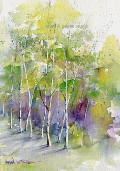 watercolor painting of trees in the woods