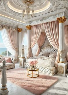 an elegant bedroom with pink and white decor, chandelier, bed, couches, rugs and windows