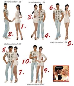 four different poses of a man and woman in white clothes with numbers on their shirts