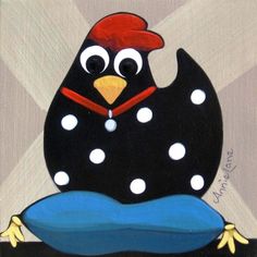 a painting of a black bird with white polka dots