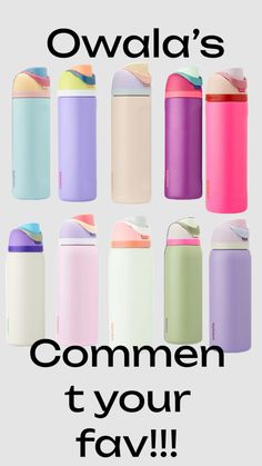 several different colored containers with the words, owad's commen t - your fav