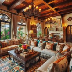 a living room filled with lots of couches and chairs next to a fire place