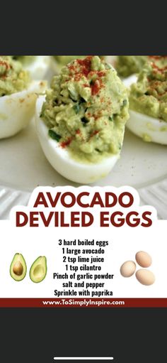 an advertisement for deviled eggs with avocado in the middle on a plate