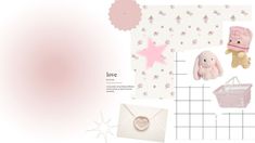 a collage of pink items including a teddy bear, heart shaped pendant and star