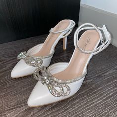 Embellished Rhinestone Pointed White Pumps Top Moda Size 7 Brand New Closed Toe 3 Inch Heel Chic White Heels With Rhinestones, White Rhinestone Heels For Evening, Elegant White Heels With Rhinestones, White Bedazzled Heels, Fashion Shoes Heels, Top Moda, White Pumps, 3 Inch Heels, White Silver