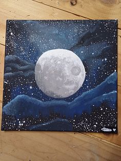 a painting of a full moon in the night sky with mountains and stars painted on it