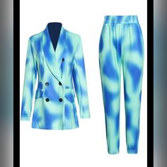 Groovy Jogger 2 Piece Pants Set. Tie-Dye Print Green And Blue Pantsuit. Toparmpit 18" *Sleeve Length 24" *Shoulder 16" *Length 28" *Bottom Waist 29-42" Length 35" *2 Side Pockets On Pants *Faux Pockets On Jacket Front. Trendy Blue Workwear Sets, Blue Pantsuit, Spring Tie-dye Denim Bottoms, Casual Blazer Women, Safari Shirt, Jcrew Collection, Hoodie Vest, Open Front Jacket, Faux Suede Jacket