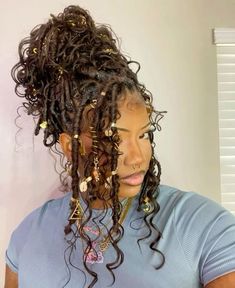 Hair Jewelry For Braids Black, Goddess Braids With Charms, Braids And Dreads Mixed, Curly Hair With Dreads, Goddess Faux Locs With Color, Goddess Locs Short, Faux Locs With Beads, Locs With Charms, Dreads Hairstyle For Women