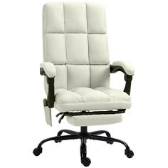 a white office chair sitting on top of a black casteors wheel base with arms