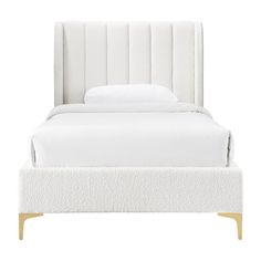 a bed with a white headboard and foot board on top of it, in front of a white background