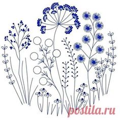 blue and white flowers are shown in this drawing, which is drawn by hand with ink