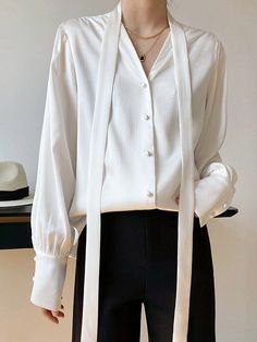 Fitted V-neck Top With Tie Sleeves, White Tie Neck Top With Tie Sleeves, Workwear V-neck Top With Tie Sleeves, V-neck Top With Tie Sleeves For Work, V-neck Workwear Top With Tie Sleeves, V-neck Blouse With Tie Sleeves For Work, Tie Shirt, Leisure Fashion, Sleeveless Short Dress