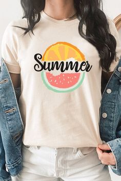 Experience the taste of summer with our vibrant Summer Fruit Slices Watermelon Orange Graphic Tee. This tee features an eye-catching design showcasing juicy watermelon and refreshing orange slices, creating a delightful summer vibe. White, Cream and Citron tees are 100% cotton, Ash tees are 99/1 cotton/poly. Peach is 52/48 cotton/poly. Whether you're lounging by the pool, exploring tropical destinations, or simply enjoying the sunny weather. By Kissed Apparel.Made In: USAFabric Contents: Most t- White T-shirt With Lemon Print For Summer, White T-shirt With Fruit Design For Spring, Orange Crew Neck Summer T-shirt, Cute Summer Beach T-shirt, Summer Peach T-shirt With Graphic Print, Peach Short Sleeve T-shirt For Summer, Spring Tops With Fruit Print, Orange Graphic Print T-shirt For Summer, Peach Short Sleeve Summer Tops