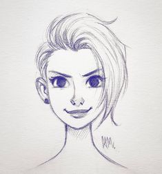 a drawing of a woman's face with short hair and blue eyes, drawn in pencil