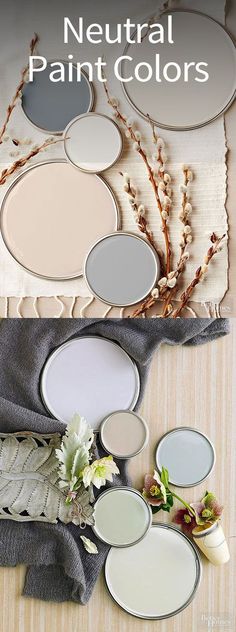 neutral paint colors with flowers and leaves in the middle, on top of a table