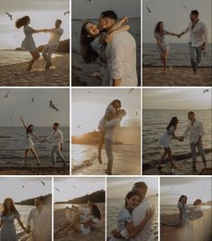 a collage of people on the beach with seagulls in the sky and one person holding his arm up