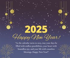 a happy new year greeting card with fireworks and stars in the night sky, on a purple background