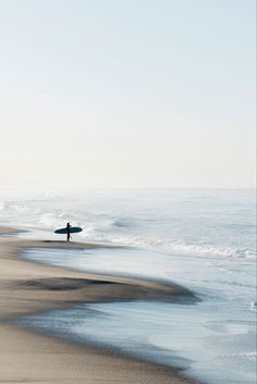 a person holding a surfboard walking on the beach near the ocean with waves coming in