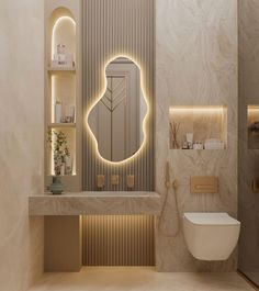 a bathroom with a sink, toilet and mirror in it's center wall is illuminated by lights