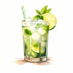 a glass filled with ice and limeade sitting on top of a white table next to a slice of lemon