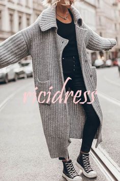 Look Boho Chic, Long Knit Cardigan, Cardigan Casual, Looks Street Style, Turndown Collar, Looks Chic, 가을 패션, Mode Inspiration, Cardigan Coat