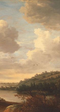 a painting with birds flying in the sky over a body of water and hills behind it