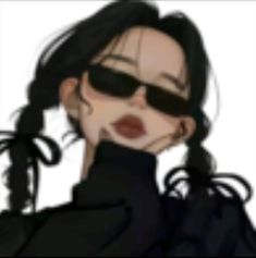 a drawing of a woman with sunglasses on her face and hair in ponytails, wearing black