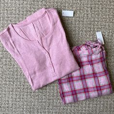 Cozy Pajama Set. Top Is A Soft Heather Pink. Bottoms Are Pink Plaid. Top Hits At Hip. Bottoms Hit At Waist And Feature An Elastic Drawstring Waist. 100% Cotton. Machine Wash Cold. This Would Make A Great Gift!! Please Note: Pajama Set For Sale Is Pink. Picture With The Grey Shirt Is To Demonstrate Fit Only Paisley Pants, Flannel Nightgown, Pink Bottoms, Cotton Pjs, Flannel Pajama Pants, Pink Pajamas, Flannel Pajama Sets, Cozy Pajamas, Top Hits