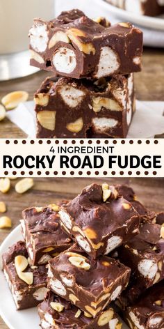 chocolate rocky road fudge is stacked on top of each other with nuts in the middle