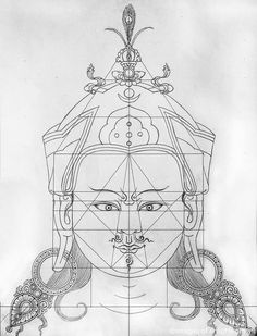 a drawing of a woman's face with an elaborate headdress