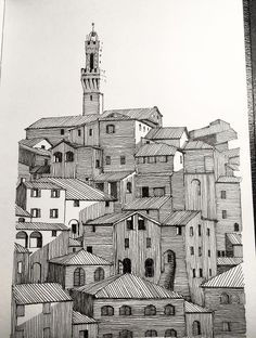 a drawing of a city with buildings and a clock tower