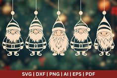 christmas ornaments hanging from strings with santa clauss on them and the words svg dxf