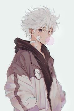 an anime character with white hair wearing a hoodie and holding a bubble in his mouth