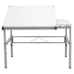 a white table with two silver legs and a square top on an isolated white background